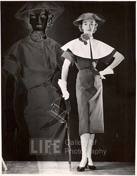 Gjon Mili -&nbsp;Gjon Mili Positive and Negative Image of Model with Black Dress with Cape Collar, Veiled Straw Hat, Carrying Handbag and Umbrella